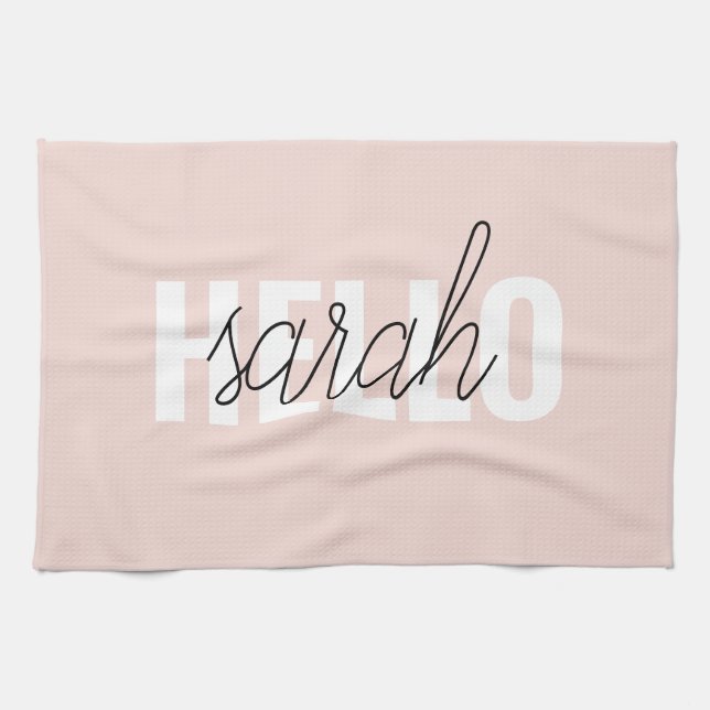 Modern Pastel Rosa Hej och du Namn Kökshandduk (Horisontell)