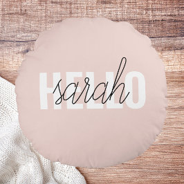 Modern Pastel Rosa Hej och du Namn Rund Kudde