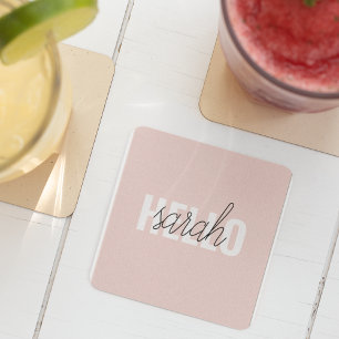 Modern Pastel Rosa Hej och du Namn Underlägg Papper Kvadrat