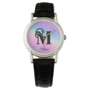 Modern Pastel Rosa Lila Monogram Namn Armbandsur