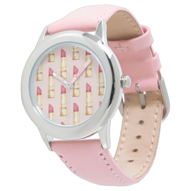 Modern Pastel Rosa & Red Lipstick Mönster Girly Armbandsur (Vinklad)