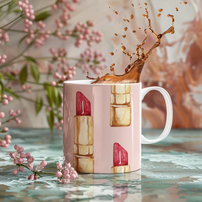 Modern Pastel Rosa & Red Lipstick Mönster Girly Kaffemugg (Skapare uppladdad)