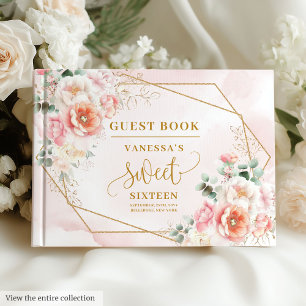Modern Pastel Rosa Sage Guld Blommigt Sweet sixtee Gästböcker