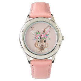 Modern pastel Rosa Watercolor Bunny med blommor Armbandsur