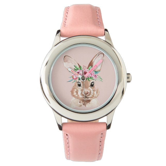 Modern pastel Rosa Watercolor Bunny med blommor Armbandsur (Framsida)