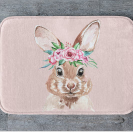 Modern pastel Rosa Watercolor Bunny med blommor Badrumsmatta