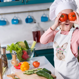 Modern pastel Rosa Watercolor Bunny med blommor Barnförkläde