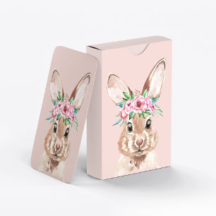 Modern pastel Rosa Watercolor Bunny med blommor Casinokort