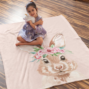 Modern pastel Rosa Watercolor Bunny med blommor Fleecefilt