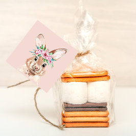 Modern pastel Rosa Watercolor Bunny med blommor Gåvor Etiketter