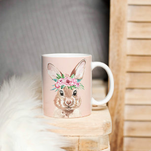 Modern pastel Rosa Watercolor Bunny med blommor Kaffemugg