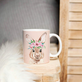 Modern pastel Rosa Watercolor Bunny med blommor Kaffemugg