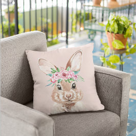 Modern pastel Rosa Watercolor Bunny med blommor Kudde