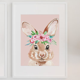 Modern pastel Rosa Watercolor Bunny med blommor Poster