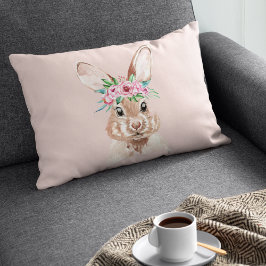 Modern pastel Rosa Watercolor Bunny med blommor Prydnadskudde