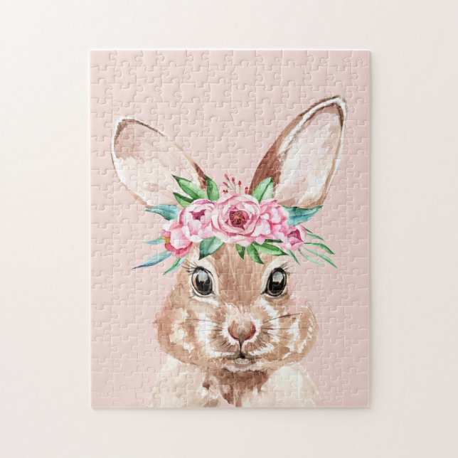 Modern pastel Rosa Watercolor Bunny med blommor Pussel (Vertikal)