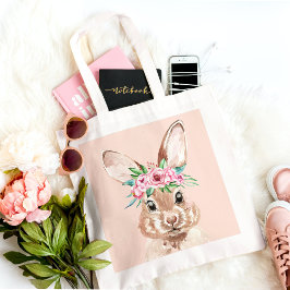 Modern pastel Rosa Watercolor Bunny med blommor Tygkasse