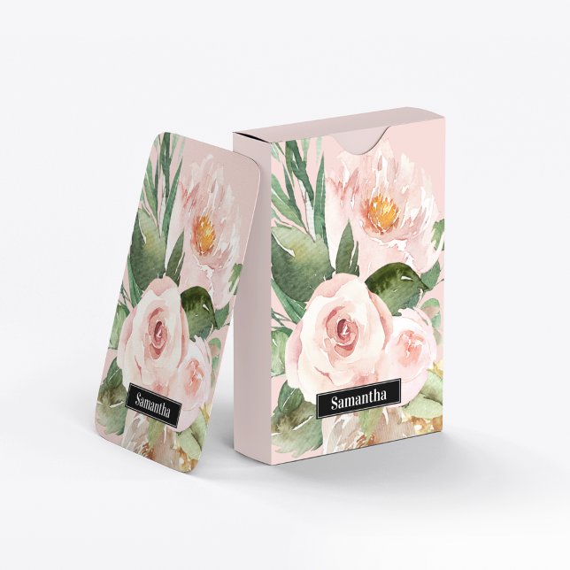 Modern Pastel Rosa Watercolor Flowers & Namn Casinokort (Skapare uppladdad)