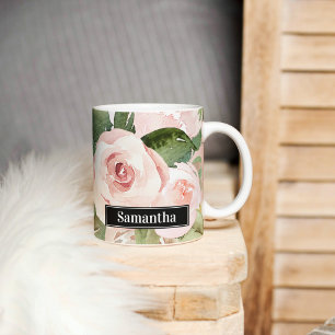 Modern Pastel Rosa Watercolor Flowers & Namn Kaffemugg