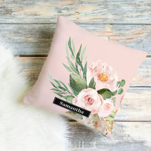Modern Pastel Rosa Watercolor Flowers & Namn Kudde