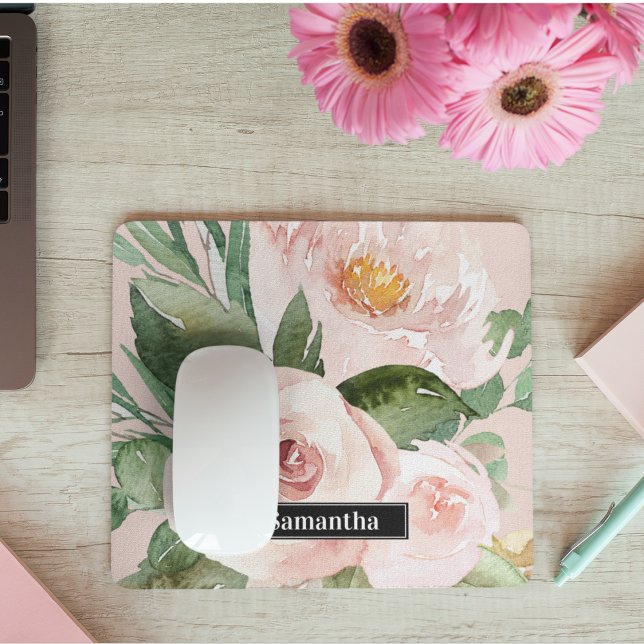 Modern Pastel Rosa Watercolor Flowers & Namn Musmatta (Skapare uppladdad)