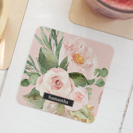 Modern Pastel Rosa Watercolor Flowers & Namn Underlägg Papper Kvadrat