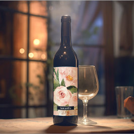 Modern Pastel Rosa Watercolor Flowers & Namn Vinflaska Etikett