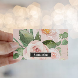 Modern Pastel Rosa Watercolor Flowers & Namn Visitkort