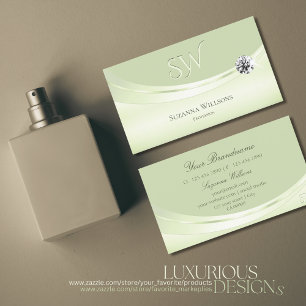 Modern Pastel Sage-Grönt med Monogram och Diamond Visitkort