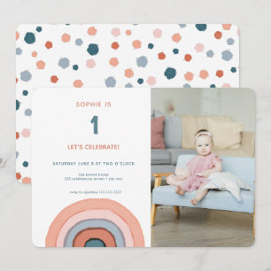 Modern Pastel Watercolor Rainbow Photo Birthday in Inbjudningar