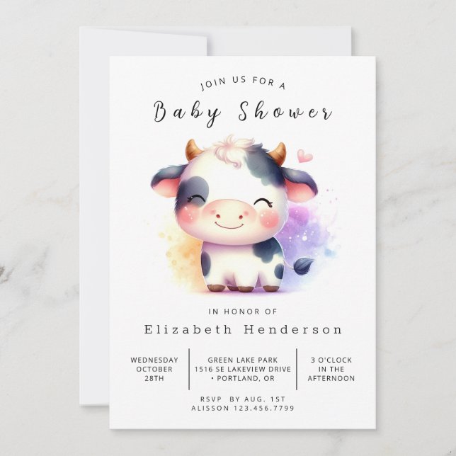 Modern Pastel Whimsical Cow Baby Shower Inbjudningar (Framsida)