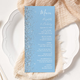 Modern Pastell Babyblå Silverglitter Bröllop Meny