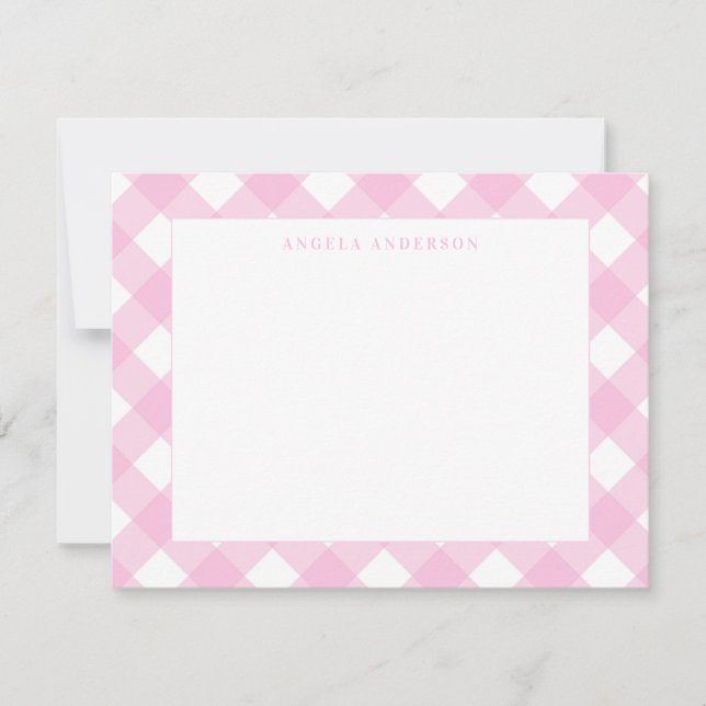 Modern Pastell Rosa Gingham Rutig Kontroll Anteckningskort (Framsida)