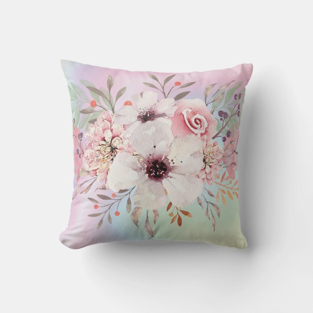 Modern Pastell Rosa Rosa Vattenfärg Blommig Kudde (Framsida)