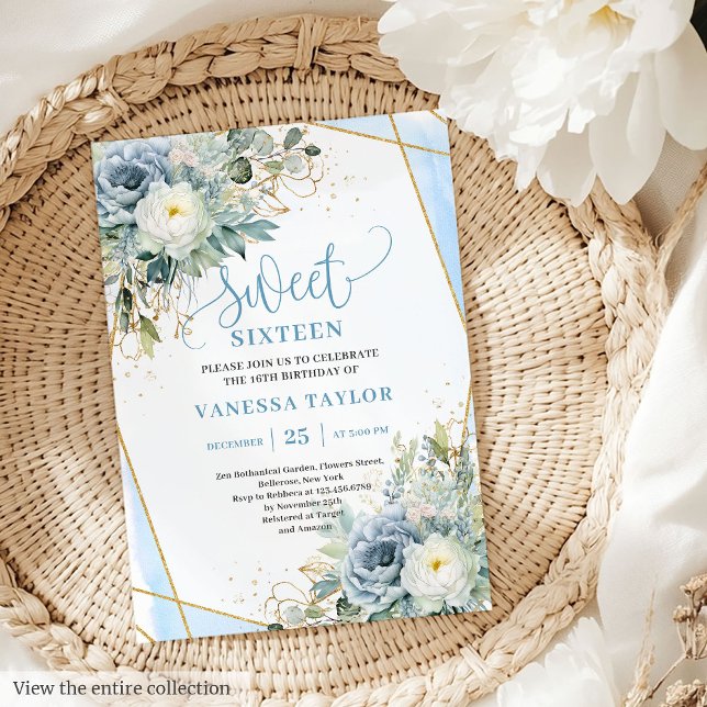 Modern pastellblå vit blommigt söt 16 inbjudan (Modern pastel blue white floral sweet 16 invite

)