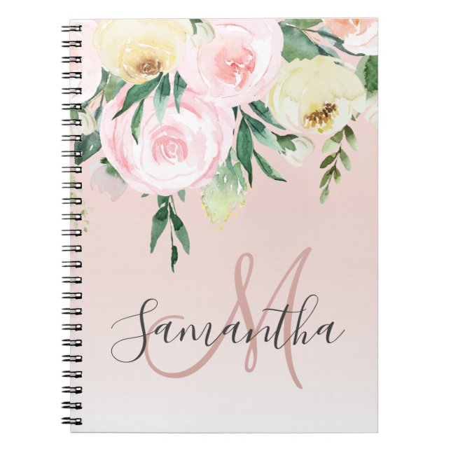 Modern pastellRosa och blommor med Namn Anteckningsbok (Framsidan)
