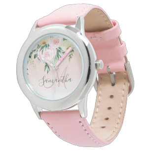 Modern pastellRosa och blommor med Namn Armbandsur