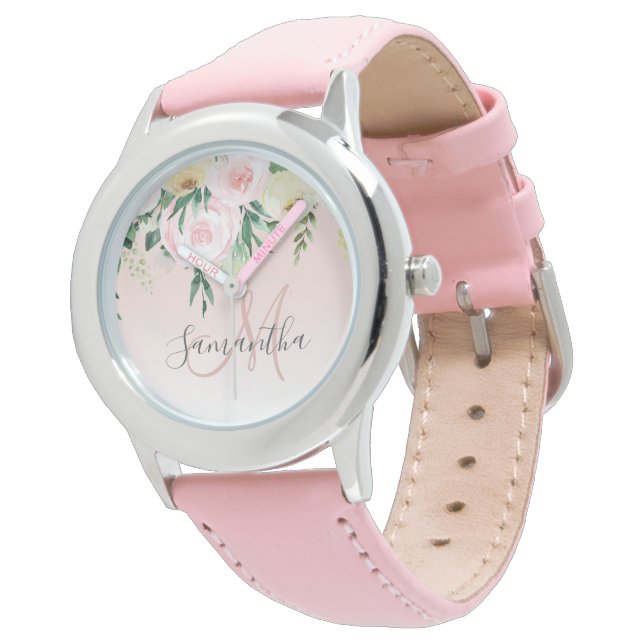 Modern pastellRosa och blommor med Namn Armbandsur (Vinklad)