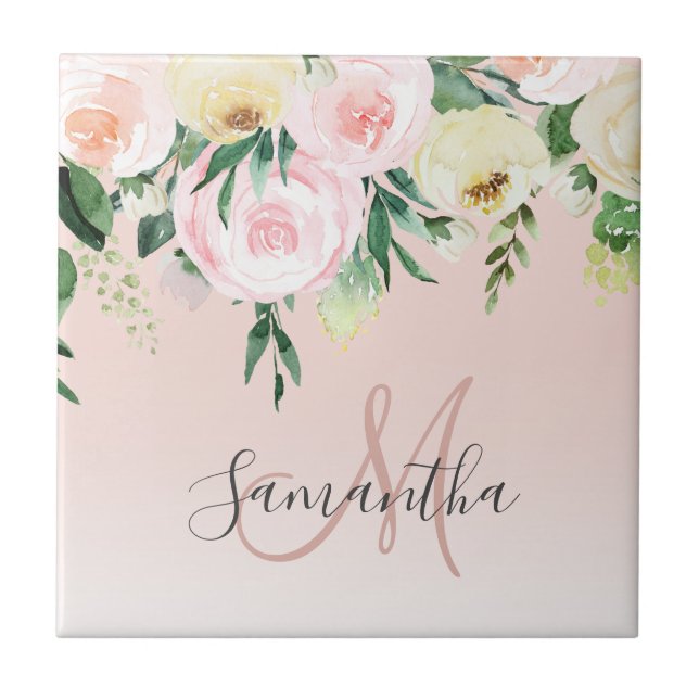 Modern pastellRosa och blommor med Namn Kakelplatta (Framsidan)