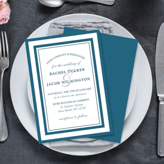 Modern Patina Blue & White Border Simple Wedding Inbjudningar (Skapare uppladdad)
