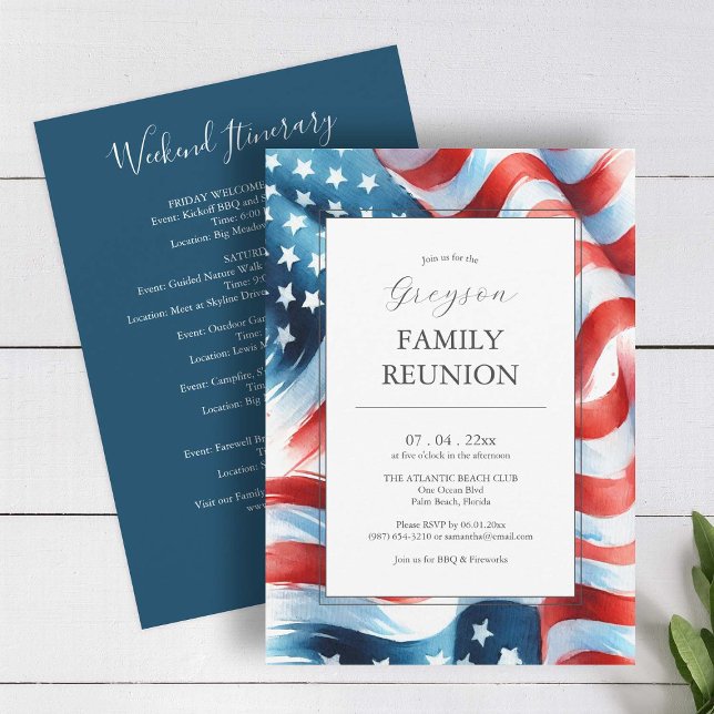 Modern Patriotisk Familjesammankomst Itinär Inbjudningar (American flag family reunion invitations red white and blue with weekend itinerary)