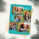 Modern Peace Joy Kärlek Anpassningsbar Färg Collag<br><div class="desc">Den här snyggten har fem fotokollage julkort med modern typografisk läsning,  PEACE,  JOY och KÄRLEK i äkta guld-folie över en bakgrund av en akvatisk färgad (färg kan anpassas till vilken färg du vill). Kortets baksida innehåller en passande faux foil Julgranar mönster över anpassningsbar färg (visas i vitt).</div>