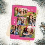 Modern Peace Joy Kärlek Anpassningsbar Färg Collag<br><div class="desc">Den här snyggten har fem fotokollage julkort med modern typografisk läsning,  PEACE,  JOY och KÄRLEK i äkta guld-folie över en ljus rosa bakgrund (färg kan anpassas till vilken färg du vill). Kortets baksida innehåller en passande faux foil Julgranar mönster över anpassningsbar färg (visas i vitt).</div>