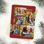 Modern Peace Joy Kärlek Anpassningsbar Färg Collag<br><div class="desc">Den här snyggten har fem fotokollage julkort med modern typografisk läsning,  PEACE,  JOY och KÄRLEK i äkta guld-folie över en burgundröd bakgrund (färg kan anpassas till vilket färg du vill). Kortets baksida innehåller en passande faux foil Julgranar mönster över anpassningsbar färg (visas i vitt).</div>