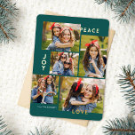 Modern Peace Joy Kärlek Anpassningsbar Färg Collag<br><div class="desc">Den här snyggten har fem fotokollage julkort med modern typografisk läsning,  PEACE,  JOY och KÄRLEK i äkta guld-folie över en mörk teal bakgrund (färg kan anpassas till vilken färg du vill). Kortets baksida innehåller en passande faux foil Julgranar mönster över anpassningsbar färg (visas i vitt).</div>