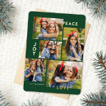 Modern Peace Joy Kärlek Anpassningsbar Färg Collag<br><div class="desc">Den här snyggten har fem fotokollage julkort med modern typografisk läsning,  PEACE,  JOY och KÄRLEK i äkta guld-folie över en mörk grönt bakgrund (färg kan anpassas till vilken färg du vill). Kortets baksida innehåller en passande faux foil Julgranar mönster över anpassningsbar färg (visas i vitt).</div>