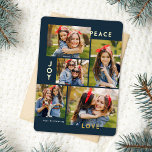 Modern Peace Joy Kärlek Anpassningsbar Färg Collag<br><div class="desc">Den här snyggten har fem fotokollage julkort med modern typografisk läsning,  PEACE,  JOY och KÄRLEK i äkta guld-folie över en marin blå bakgrund (färg kan anpassas till vilket färg som helst). Kortets baksida innehåller en passande faux foil Julgranar mönster över anpassningsbar färg (visas i vitt).</div>
