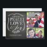 Modern Peace Kärlek Joy Chalkboard Julkort<br><div class="desc">Contemporary chalkboard 3-fotokort för julfotboll med vacker handskriven typografi med texten "önskar dig fred Kärlek & Joy med hand plockade löv blomning.</div>