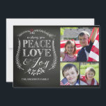 Modern Peace Kärlek Joy Chalkboard Julkort<br><div class="desc">Contemporary chalkboard 3-fotokort för julfotboll med vacker handskriven typografi med texten "önskar dig fred Kärlek & Joy med hand plockade löv blomning.</div>