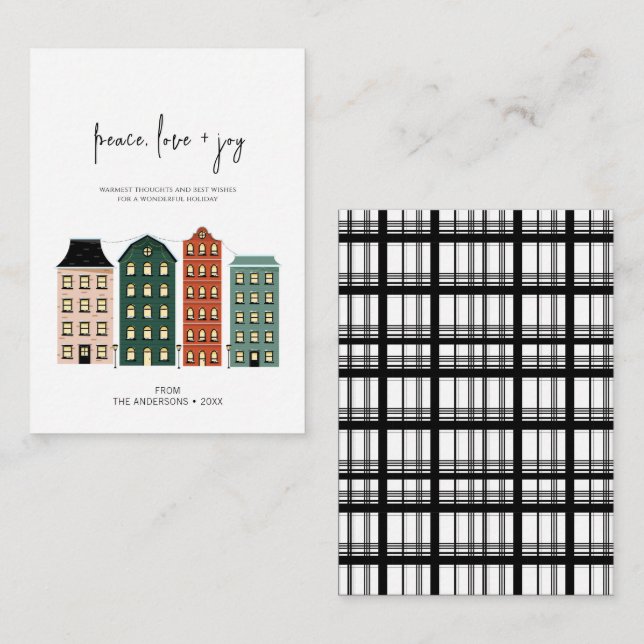 Modern Peace Kärlek & Joy Jul Town Helgdag Anteckningskort (Fram/baksida)